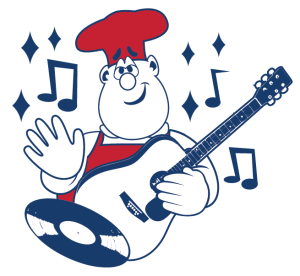 Family Cafe mascot holding a guitar surrounded by a record and musical notes
