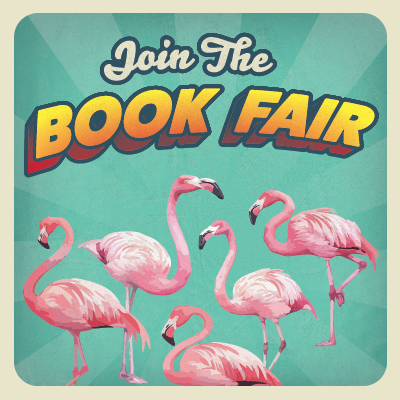 "Join the Book Fair" image with flamingos