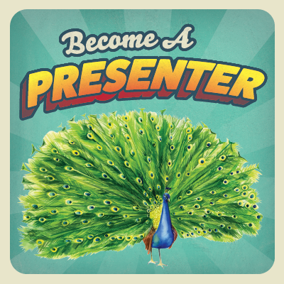 "Become A Presenter" image with a peacock